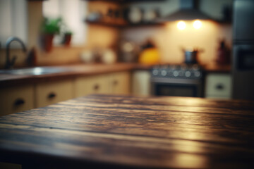 Obraz na płótnie Canvas Kitchen wooden table top with blur background. Created with Generative AI Technology