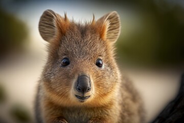 Naklejka premium Portrait of a cute Quokka, a small kangaroo, taken up close at Rottnest Island in Perth, Western Australia. Generative AI