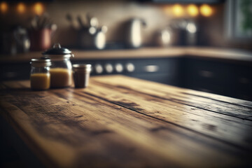 Obraz na płótnie Canvas Kitchen wooden table top with blur background. Created with Generative AI Technology