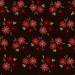 Fototapeta na wymiar Small flowers dark shades seamless pattern. Hand drawn red and green flowers on black background. Raster allover fashion print