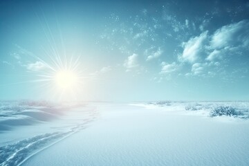 BRIGHT WINTER BACKDROP BACKGROUND WITH EMPTY SNOWY FIELD SPACE FOR MONTAGE OR DISPLAY, COLD NATURE LANDSCAPE; WHITE SNOW IN SUN LIGHT ON LIGHT BLUE FROSTY SKY. Generative AI