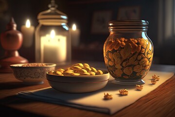 View from the side of some almonds in a glass jar and some peanut butter in a bowl on a table with a yellow porcelain plate. Generative AI