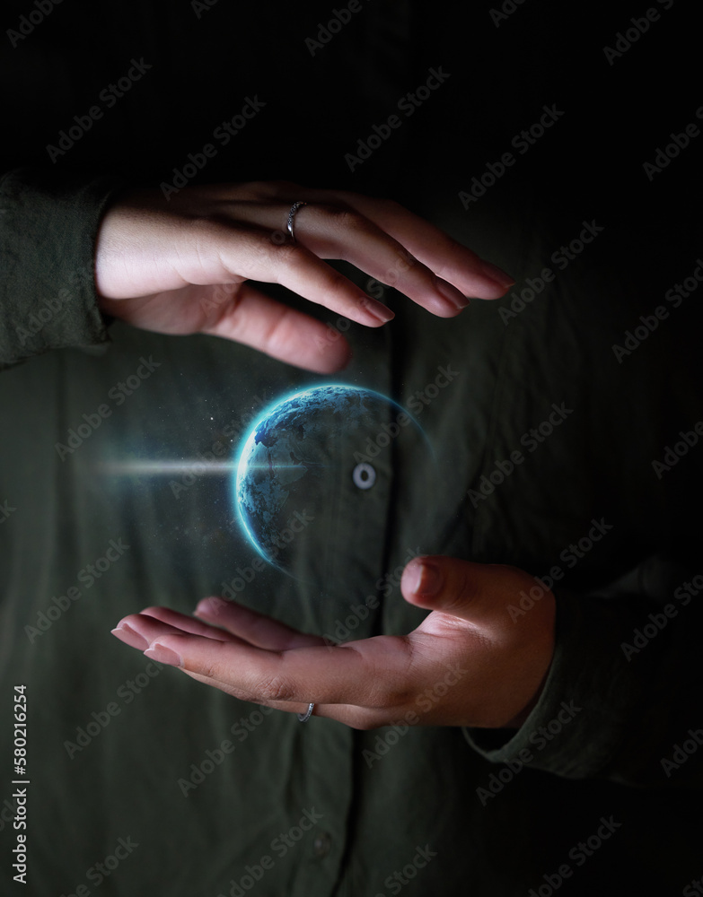 Poster Hand, world and hologram overlay with a user of ai or 3d technology accessing the metaverse for global networking. Globe, software and holographic with a person using a ux interface or dashboard