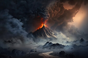 A fiery spectacle in the mountains! Witness the volcanic eruption amidst the misty, smoggy, and foggy surroundings. Generative AI