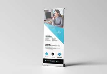 Corporate Rollup Banner Layout with Graphic Elements and Blue Accents