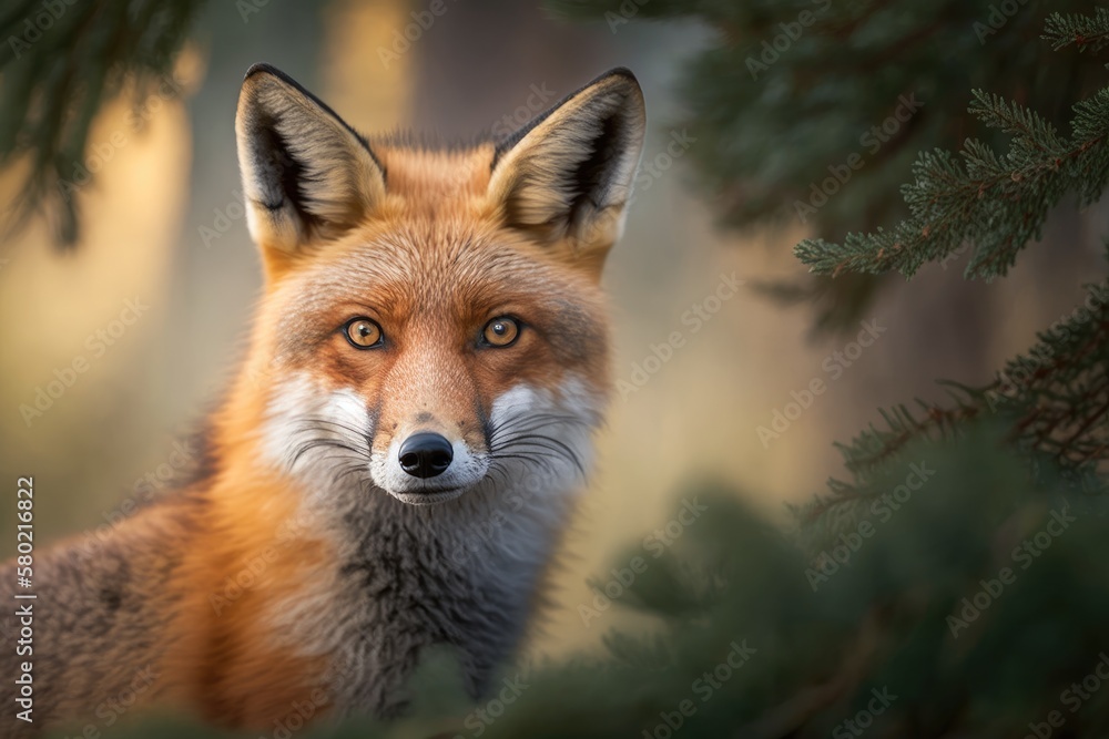 Poster red fox (vulpes vulpes), portrait in close up with pine trees in the background (bokeh). seeing each