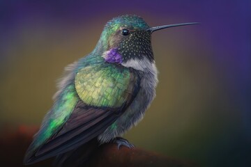 Fototapeta premium In front of a deep green background, a female Costa's hummingbird. Its head is still, but the wings, tail, and feet are blurred from flight. It has some fluff on its feet and some cobweb on its head