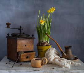 Still life with a cup of hot coffee, an old coffee grinder and blooming daffodils