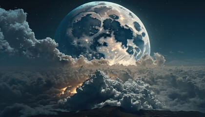 Moon Diving into Clouds - Epic Illustration