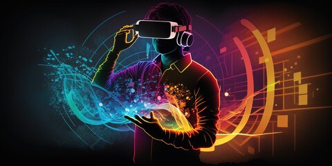 illustration of Man wearing vr augmented reality. Abstract holography with data and graph. multicolor projector light illumination. VR, augmented reality, by ai generative