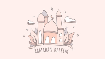 Fototapeta premium Ramadan kareem illustration with cute cartoon mosque background template