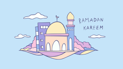 Ramadan Kareem islamic vector illustration background with cute cartoon hand drawn template