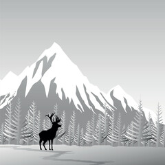 deer, pine and mountain hill of winter 