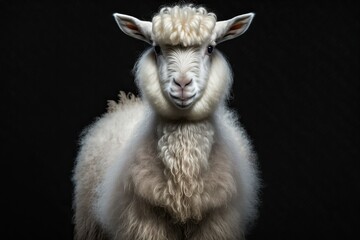 Obraz premium Angora goat in a picture. The Angora or Ankara is a type of goat that has been raised in Turkey. Animal looks at camera. Theme of animals View from up high. Generative AI