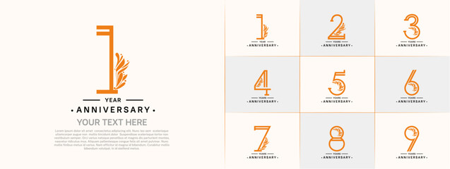 set of anniversary logotype orange and black color and ornament for special celebration event