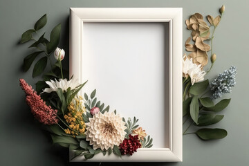 Frame mockup with flowers. Portrait or poster frame mockup. Empty white frame mockup for presentation artwork, generative AI