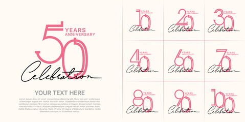 set of anniversary logotype pink color and black handwriting for special celebration event