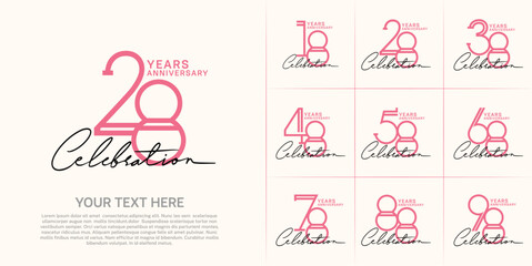 set of anniversary logotype pink color and black handwriting for special celebration event