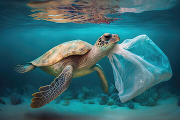 turtle with a plastic bag in the sea, generative AI