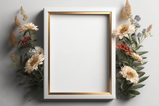 Frame mockup with flowers. Portrait or poster frame mockup. Empty white frame mockup for presentation artwork, generative AI