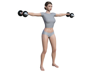 ダンベルを持って両手を大きく広げている3dモデル女性の全身斜め横向きのイラスト
