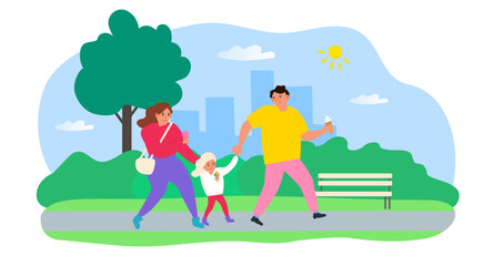 happy family walking in the park and eating  ice cream vector
illustration