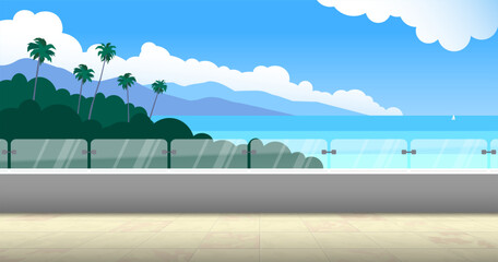 balcony view  tiles floor terrace beach  sea palms mountain seascape vector illustration