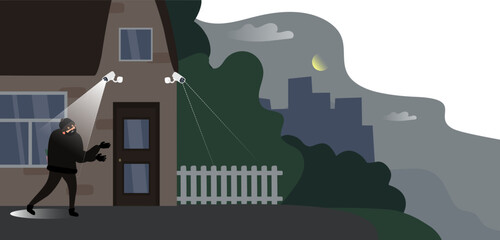 thief burglar break into house cctv surveillance camera security technology vector illustration