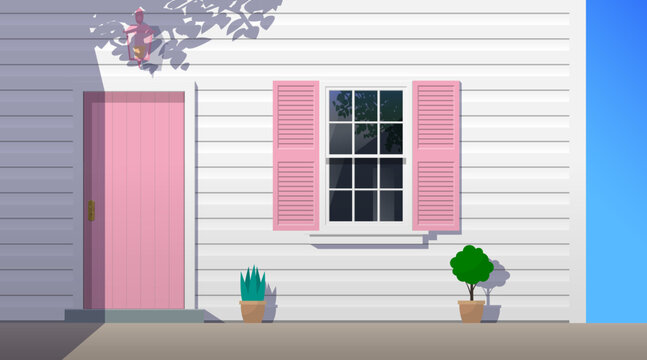 white siding  house facade with pink door and window shutters  vector illustration