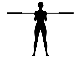 オリンピックシャフトで脇を締めてバーベルカールをしている女性の全身正面のシルエット
