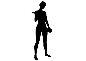 Fototapeta na wymiar ダンベルを持って二の腕のトレーニングをしている女性の斜め横向きのシルエット