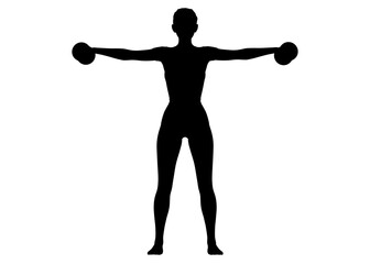 ダンベルエクササイズ  上方回旋サイドレイズをする女性のシルエット 全身正面のイラスト