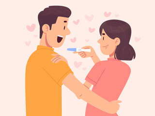 Happy husband learned from his wife that he would soon become a dad. Positive pregnancy test and a happy married couple