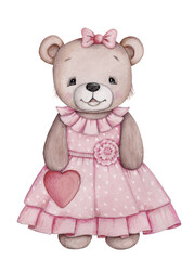 Watecolor illustration of cute pretty teddy bear, toy plush bear, cartoon animal. Isolated. Hand painted.