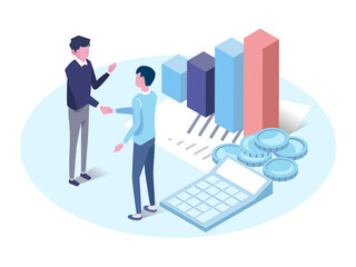 isometric illustration of business people with chart and calculator