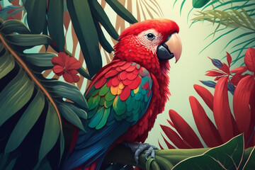 Obraz premium Realistic Illustration of a Parrot on a Perch in Lush Tropical Foliage generative ai