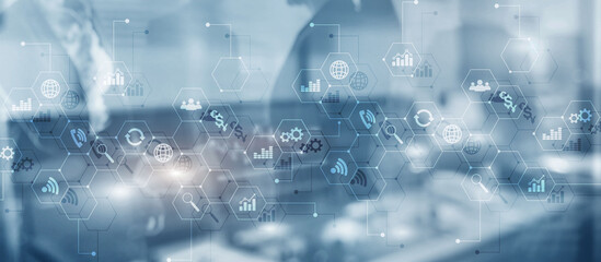 Diagrams and icons on hologram screen. Background with silhouettes