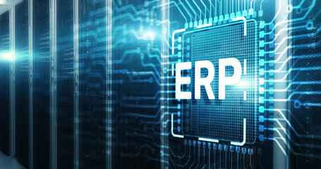 Fototapeta na wymiar Enterprise Resource Planning ERP Corporate concept. Inscription on 3d Electronic Circuit Board Chip