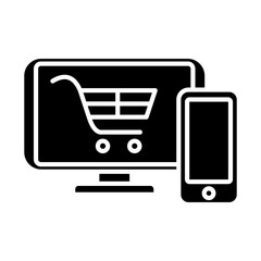 Business icon logo with online shop icon. The online shop icon is depicted with a shopping cart on a computer or mobile phone