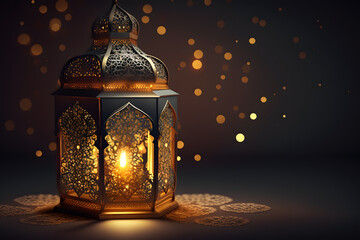 Obraz na płótnie Canvas Ornamental Arabic lantern with burning candle glowing at night made with Generative AI