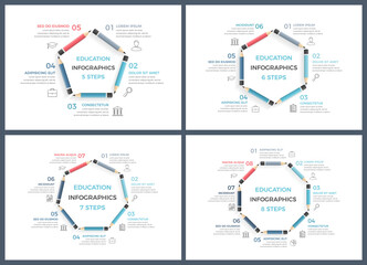 Set of education infographics templates with pencils arranged in a circle with text and icons