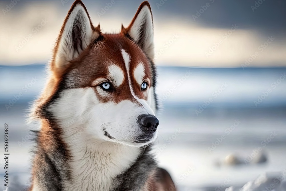 Poster Red collared Siberian Husky. Generative AI