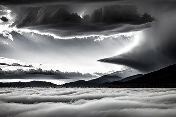 Black and white high detail illustration dark storm clouds, mountains , 