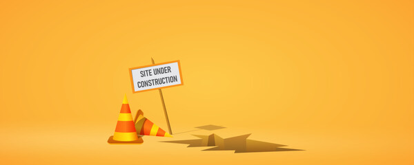 Site under construction yellow red cones and sign  warning