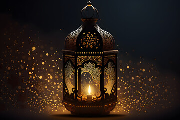 Ornamental Arabic lantern with burning candle glowing at night made with Generative AI