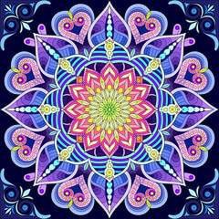 mandala flower shape with a mix of colors, green, pink, blue and purple 