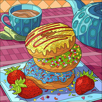 illustration of three donuts and a strawberry with a cup of cocoa 