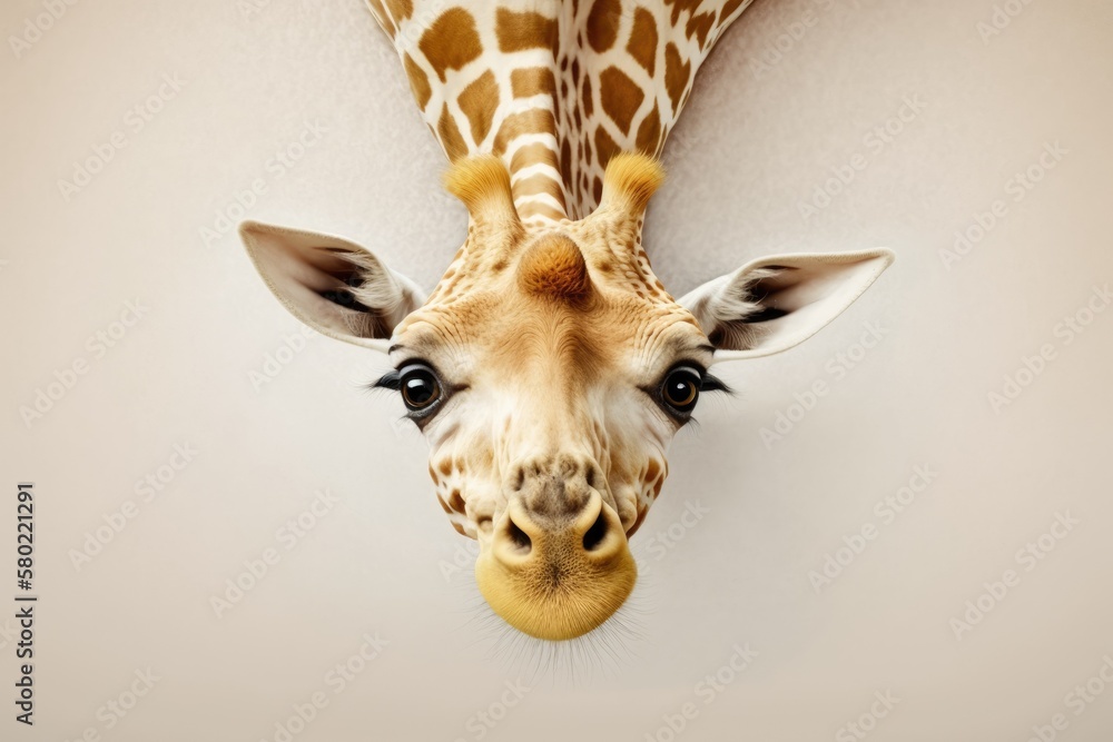 Poster A funny, cute picture of an upside down giraffe on white. Generative AI