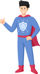 Digital data protection illustration with cyber security cartoon character. Cloud computing network safety concept