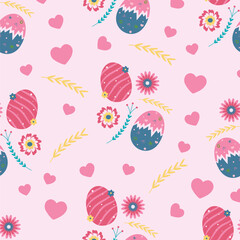 Easter Egg Floral Seamless Pattern With Hearts for Fabric  Print, Banner, Postcard, Greetings Background